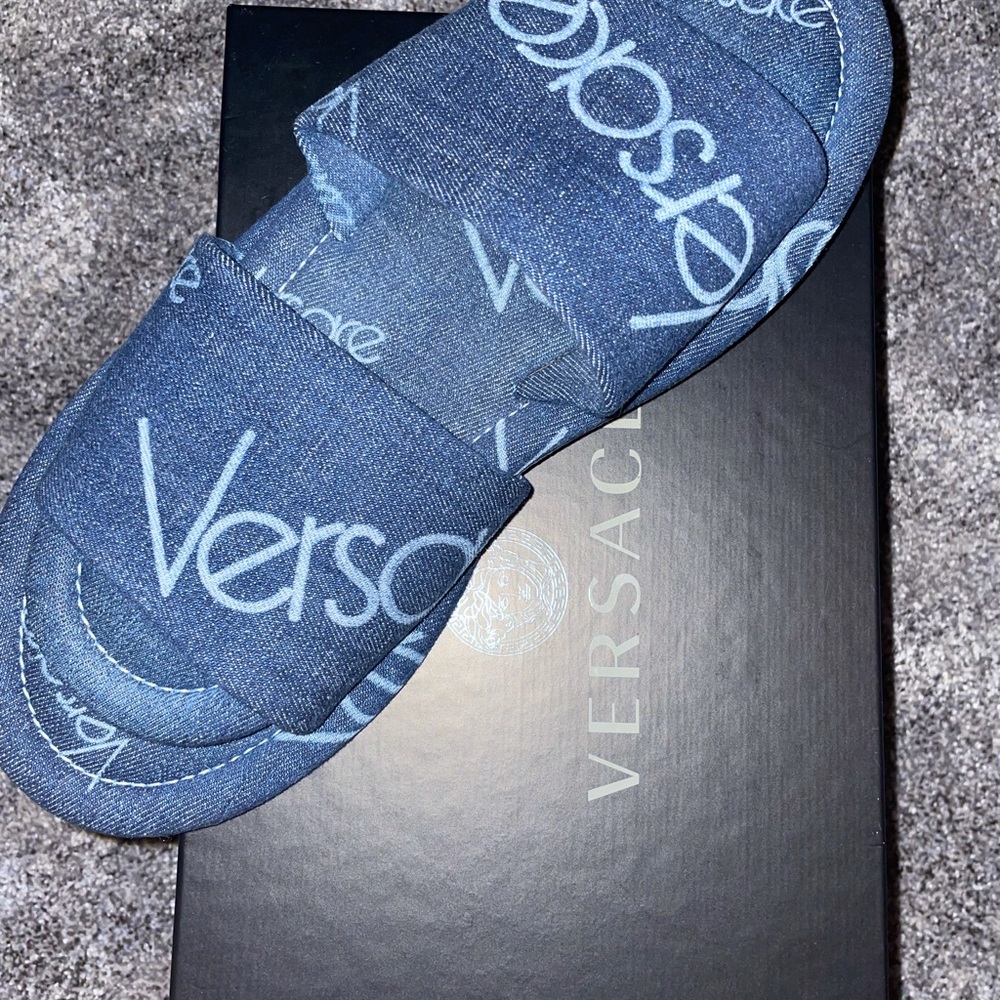 VERSACE Denim Cotton  SLIDES Flat SANDALS - Picture 5 of 7